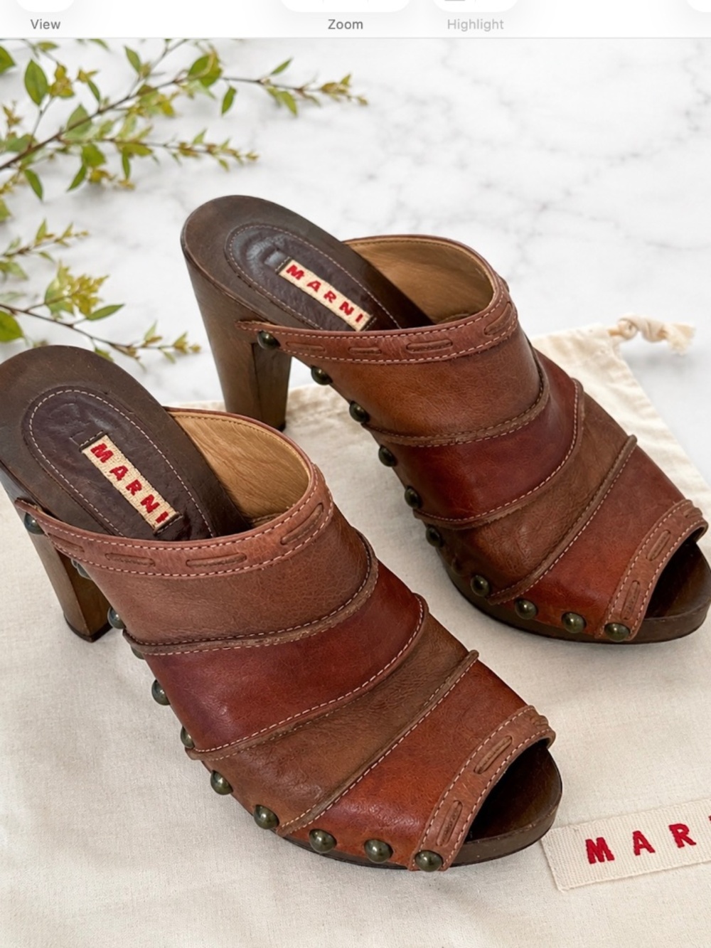 Marni Vintage Y2K Brown Leather Studded Wood Heel Mule Clogs EU 38 US 8 Italy